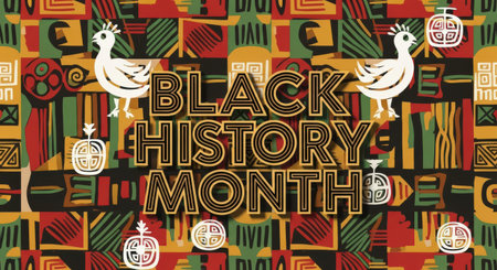 Black history month text with decorative african motifs, birds, and fruit on a colorful, patterned backgroundの素材