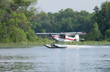 A small white floatplane lands on a Minnesota lake in summerの写真素材