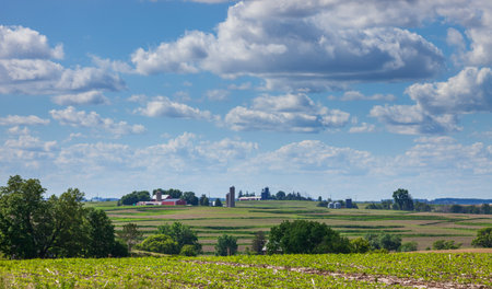 Farm and fields in northeast Iowa below clouds and sky on a sunny afternoon during springの写真素材