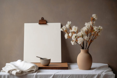 Still life with white flowers in a vase, a cup of coffee and a blank sheet of paper.の素材