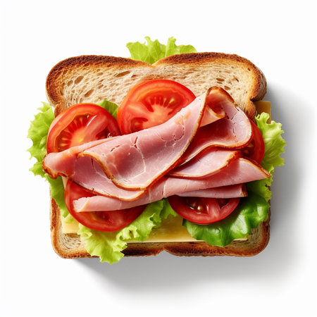 Sandwich with ham, cheese, tomato and lettuce isolated on white backgroundの素材
