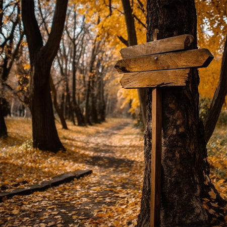 Wooden signpost in the autumn park with yellow leaves on the groundの素材