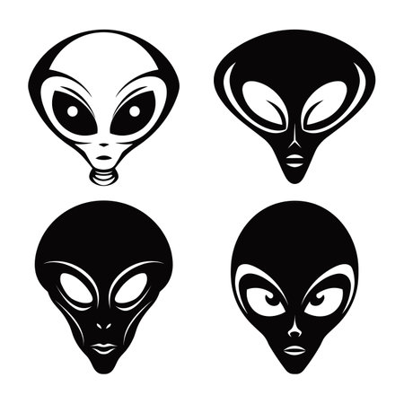 Alien head icon set. Black and white vector illustration isolated on white background.のイラスト素材
