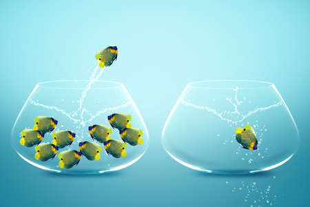Anglefish jumping to Big bowl, Good Concept for new life, Big Opprtunity, Ambition and challenge concept.の写真素材