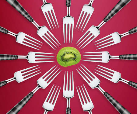 Empty copy space of Set of forks in competition on red  background.の写真素材