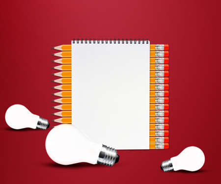 pencils and notepad and light bulb on red background.の写真素材