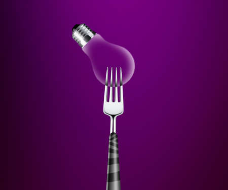 Forks around light bulb, on green background 