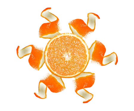 Peel and slice of an orange formed sun isolated on white background 