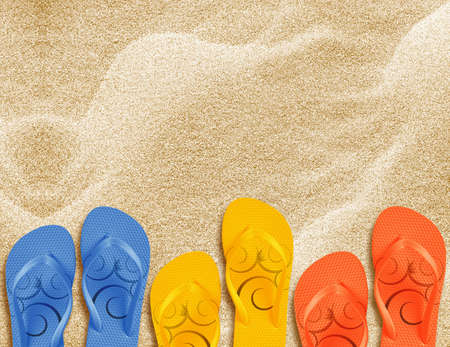 a pair of flip flops on the beach sand, Summer back concept.の写真素材