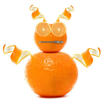 Cartoon face created from orange slices, peel and zipper.の写真素材