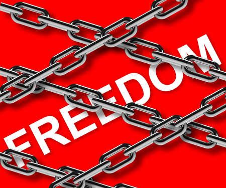 Metal chain parts over freedom word on red background. 