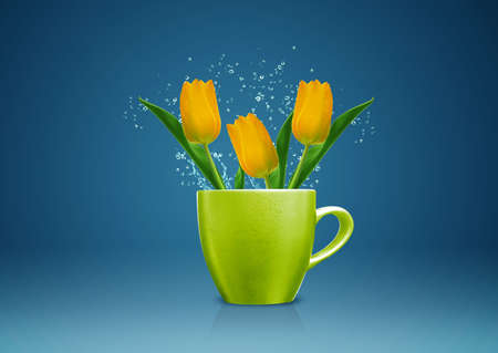 Modern vase style, A group of yellow Tulips in green vase.の写真素材