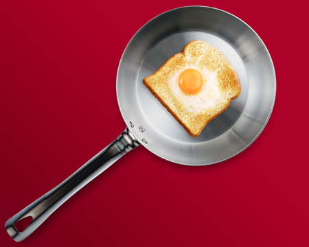 Frying pan with  Fried eggs on toasted bread isolated on white background.の写真素材