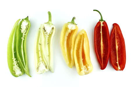 Colorful hot chili pepper on a white background の写真素材