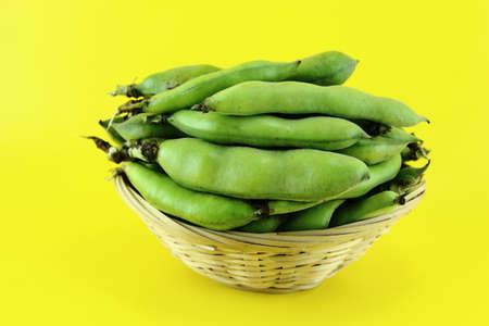 broad bean pods and beans on yellow background .