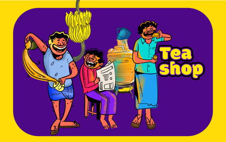 Vector illustration of Indian people in traditional clothes, with text Tea Shop.のイラスト素材