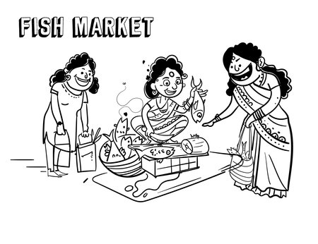 Indian people in fish market vector illustration.のイラスト素材