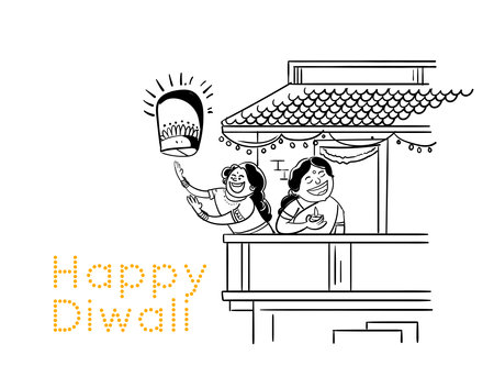 Happy Diwali greeting card. Indian festival of lights. Vector illustration peopleのイラスト素材