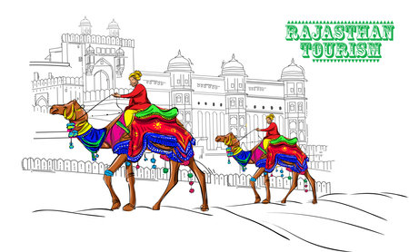 illustration of camel riding in Jaisalmer, Rajasthan, Indiaのイラスト素材