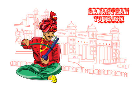 Vector illustration of Indian man playing dandiya in Jaipur, Indiaのイラスト素材