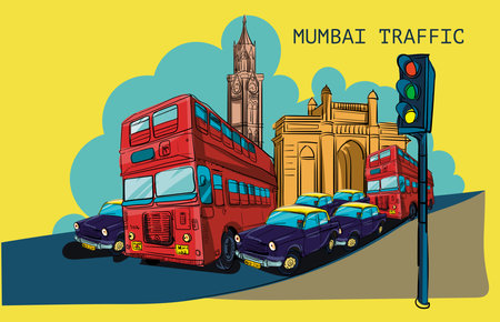 Flat design vector illustration of city street with red double decker buses and traffic lightのイラスト素材