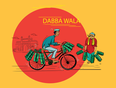 Mumbai man riding a bicycle and carrying bags of food to the market vector illustration, dabba walaのイラスト素材