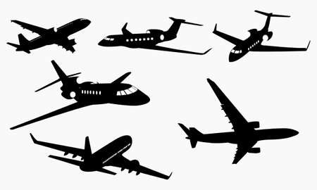 Set of airplanes silhouettes. Planes: in flight, takeoff, running, landing, front, up and profile, vector illustration of aircraftsのイラスト素材