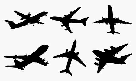 Set of airplanes silhouettes. Planes: in flight, takeoff, running, landing, front, up and profile, vector illustration of aircraftsのイラスト素材