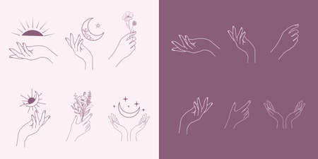 A set of Woman's hand icon collections in a minimal linear style. Vector logo design Templates with different hand gestures, Crystal. For cosmetics, beauty, tattoo, Spa, feminine,のイラスト素材