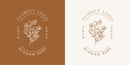 Botanical Floral element Hand Drawn Logo with Wild Flower and Leaves. Logo for spa and beauty salon, boutique, organic shop, wedding, floral designer, interior, photographyのイラスト素材