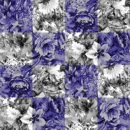 black and white and blue Flower pattern in lineの写真素材