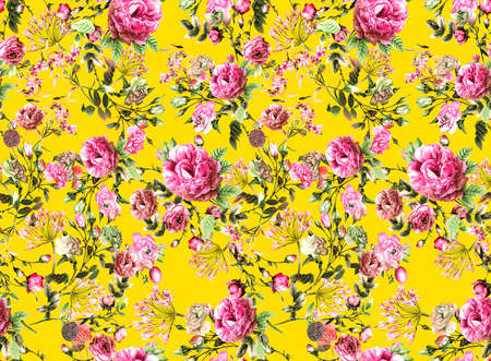 watercolor pink flower pattern with yellow backgroundの写真素材