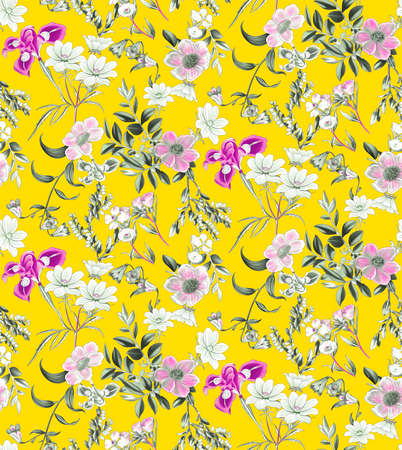 seamless floral pattern on yellow backgroundの写真素材