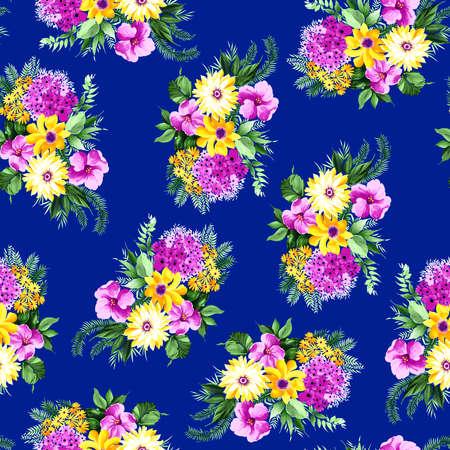 Modern Watercolor Flower Pattern navy Backgroundの写真素材