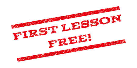 First Lesson Free! watermark stamp. Text caption between parallel lines with grunge design style. Rubber seal stamp with scratched texture. Vector red color ink imprint on a white background.のイラスト素材