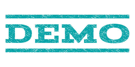Demo watermark stamp. Text tag between horizontal parallel lines with grunge design style. Rubber seal cyan stamp with unclean texture. Vector ink imprint on a white background.のイラスト素材