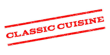 Classic Cuisine watermark stamp. Text tag between parallel lines with grunge design style. Rubber seal stamp with dirty texture. Vector red color ink imprint on a white background.のイラスト素材
