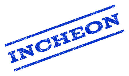 Incheon watermark stamp. Text caption between parallel lines with grunge design style. Rotated rubber seal stamp with unclean texture. Vector blue ink imprint on a white background.のイラスト素材
