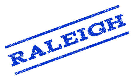 Raleigh watermark stamp. Text caption between parallel lines with grunge design style. Rotated rubber seal stamp with dirty texture. Vector blue ink imprint on a white background.のイラスト素材