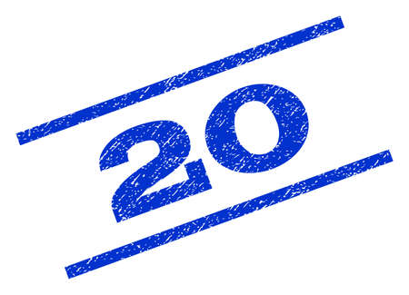 20 watermark stamp. Text tag between parallel lines with grunge design style. Rotated rubber seal stamp with scratched texture. Vector blue ink imprint on a white background.のイラスト素材