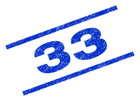33 watermark stamp. Text caption between parallel lines with grunge design style. Rotated rubber seal stamp with unclean texture. Vector blue ink imprint on a white background.のイラスト素材