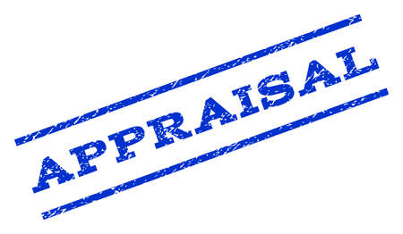 Appraisal watermark stamp. Text caption between parallel lines with grunge design style. Rotated rubber seal stamp with unclean texture. Vector blue ink imprint on a white background.のイラスト素材