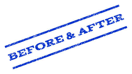 Before & After watermark stamp. Text tag between parallel lines with grunge design style. Rotated rubber seal stamp with dirty texture. Vector blue ink imprint on a white background.のイラスト素材