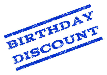 Birthday Discount watermark stamp. Text tag between parallel lines with grunge design style. Rotated rubber seal stamp with scratched texture. Vector blue ink imprint on a white background.のイラスト素材