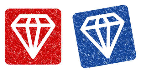 Diamond grunge textured icon. Rounded square with symbol shape hole. Flat style with scratched texture. Blue and red variants. Corroded vector stamp with grainy design.のイラスト素材