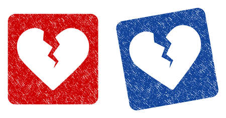 Divorce Heart grunge textured icon. Rounded square with symbol shape hole. Flat style with dust texture. Blue and red variants. Corroded vector stamp with grainy design.のイラスト素材