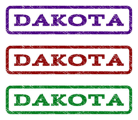 Dakota watermark stamp. Text tag inside rounded rectangle with grunge design style. Vector variants are indigo blue, red, green ink colors. Rubber seal stamp with scratched texture.のイラスト素材