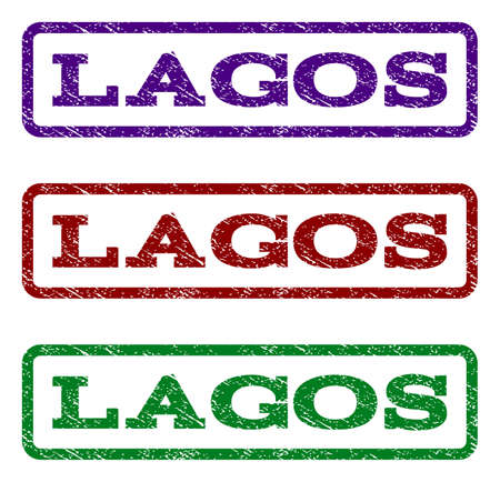 Lagos watermark stamp. Text tag inside rounded rectangle frame with grunge design style. Vector variants are indigo blue, red, green ink colors. Rubber seal stamp with dirty texture.のイラスト素材