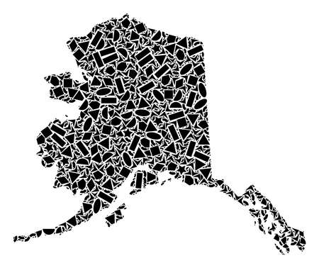 Mosaic map of Alaska State formed with black flat geometric figures, such as triangles, stars, rectangles, circles, ellipses, segments, sectors, rhombuses, squares, polygons, semi-circles.のイラスト素材