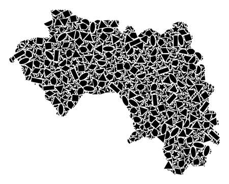 Mosaic map of African Guinea composed with black flat geometric primitives, such as triangles, stars, rectangles, circles, ellipses, segments, sectors, rhombuses, squares, polygons, semi-circles.のイラスト素材